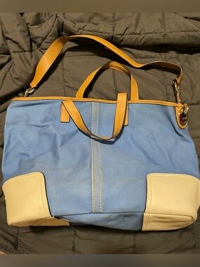 Coach Hadley Twill Blue Canvas Tote with Tan and Cream Trim